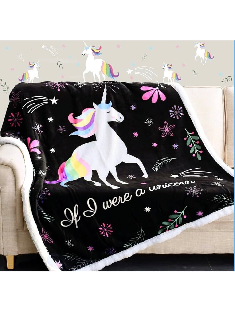 Sleepwish Unicorn Throw Blanket, Cute Black Pink Unicorn Flower Fluffy, 60 x 50